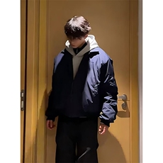 美式cleanfit外套男款秋冬加厚翻领短款藏青色飞行员夹克棒球棉服，男装夹克，四季星座505