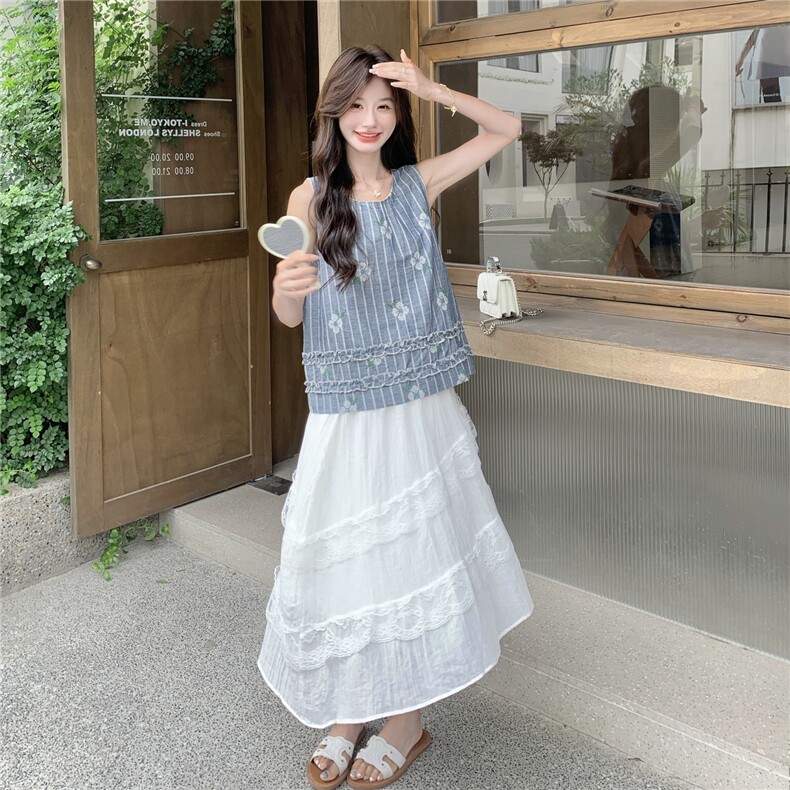 温柔风条纹花朵背心套装女夏季2025气质减龄蕾丝拼接半身裙两件套,女装套装/套裙,2C201