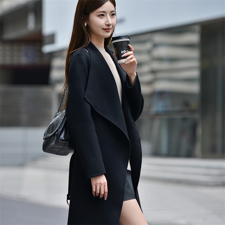 2024秋冬季新款呢子大衣女中长款韩版宽松斗篷型,女装双面呢大衣,亿美羊绒