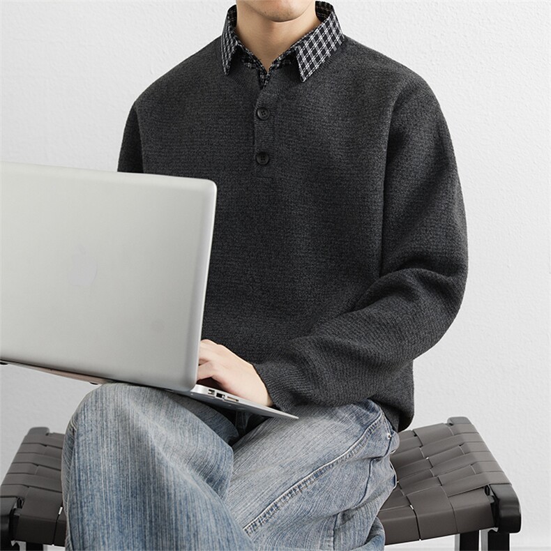 深灰色假两件条纹衬衣领针织衫男2025秋冬季重磅宽松套头毛衣,男装针织衫/毛衣,星座914