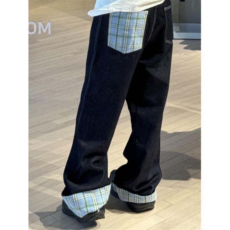 【有货】美式格子拼接卷边牛仔裤男女阔腿裤子高街NZ011WW-特P48，男装牛仔裤，星座1007（原301D）