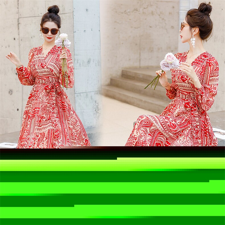 法式雪纺碎花连衣裙女2024夏季新款高级感收腰一片式度假沙滩长裙,女装连衣裙,世纪海洋