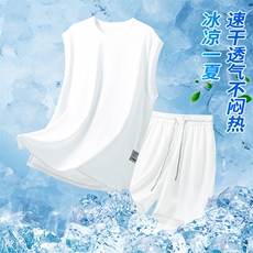 特批P55无差价25夏季休闲冰丝凉感垂感速干大码两件套装男TZ5572，男装休闲套装，电商A001-1