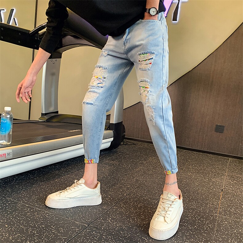 2026春季新款潮牌破洞九分牛仔裤男士痞帅九分裤子潮901k216p58，男装牛仔裤，星座901