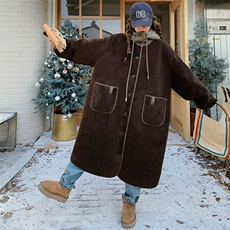 咖色连帽皮毛一体羊羔毛大衣女2024冬季新款韩版宽松加厚过膝棉服，女装羊羔毛/颗粒绒，浙宝305