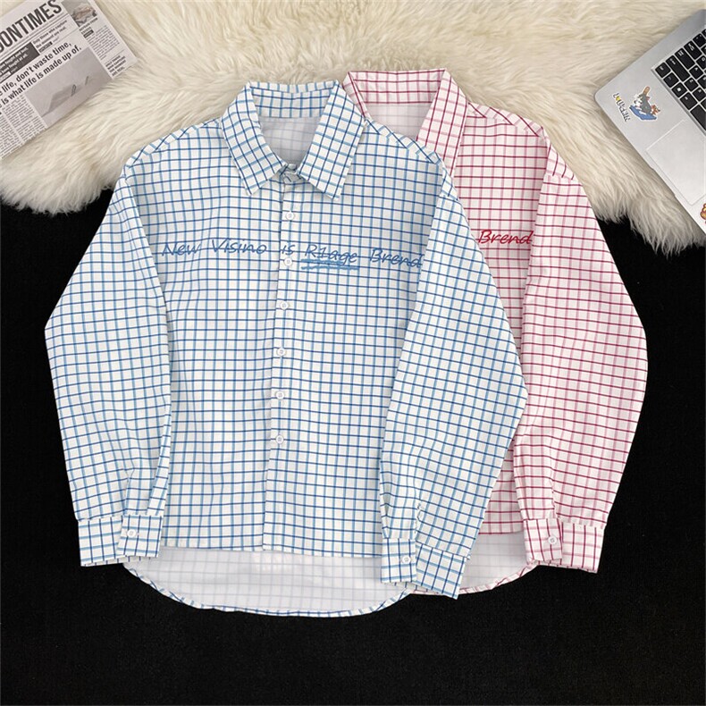 韩系字母印花粉色格子衬衫宽松氛围感防晒衫上衣JX49P42，男装防晒衣，星座1013-1