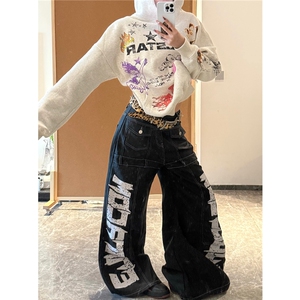 美式街头字母印花弯刀牛仔裤男女新款设计感小众解构风阔腿拖地裤图片