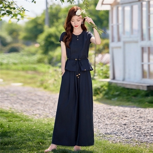 藏青色高级感时尚套装女2025夏季新款慵懒松弛感气质阔腿裤两件套图片