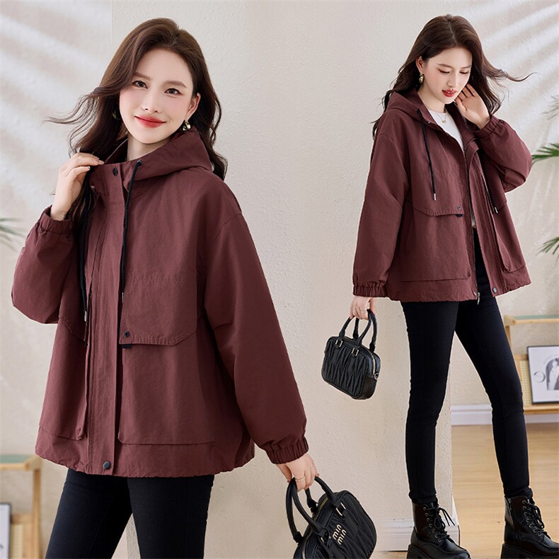 工装休闲外套女2025春秋新款时尚宽松连帽韩版学院风小个子棉上衣，女装风衣，依万里
