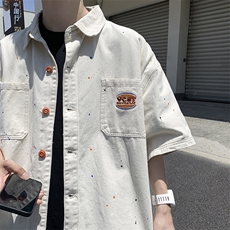 得物品质夏男短袖牛仔衬衫水洗字母刺绣喷漆衬衣CS983P55，男装衬衫，星座1013-1