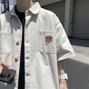 得物品质夏男短袖牛仔衬衫水洗字母刺绣喷漆衬衣CS983 P55图片