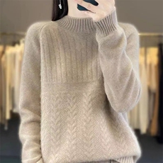 100%纯羊毛衫女半高领扭花加厚针织毛衣宽松针织长袖羊绒衫打底衫，女装针织衫/毛衣，萱芳婷羊绒