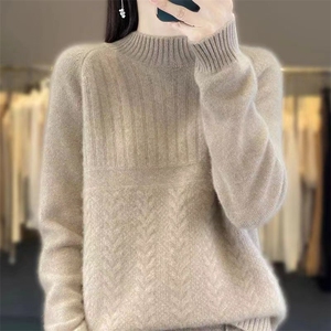 100%纯羊毛衫女半高领扭花加厚针织毛衣宽松针织长袖羊绒衫打底衫图片