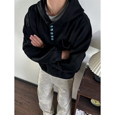 绿松石纽扣美式覆古连帽口袋百搭420G宽松套头重磅卫衣WY05，男装卫衣，星座516A