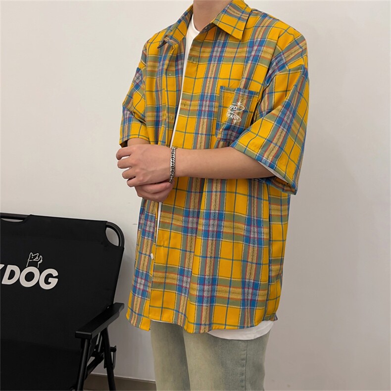 S21-P31日系复古格子短袖衬衫,男装衬衫,星座1501-1