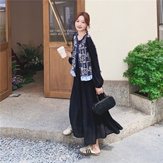 刺绣碎花马甲黑色连衣裙两件套女春秋2025新款轻熟小众不撞款裙子，女装套装/套裙，2C293