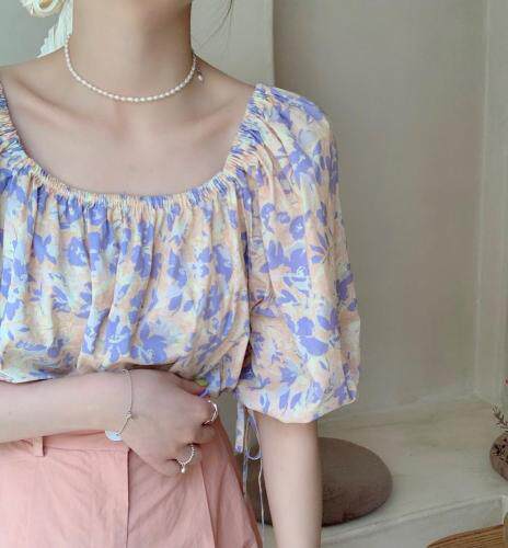 和风碎花一字肩泡泡袖上衣，女装，新袖