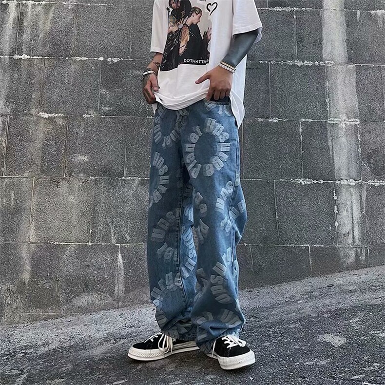 复古阔腿牛仔裤男宽松hiphop高街嘻哈休闲阔腿拖地长裤子k171-p45，男装牛仔裤，星座1008