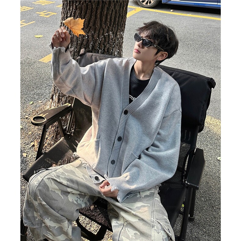 港风24男装秋季新款针织衫开衫宽松大码冬季V领毛衣外套S363特P68图片