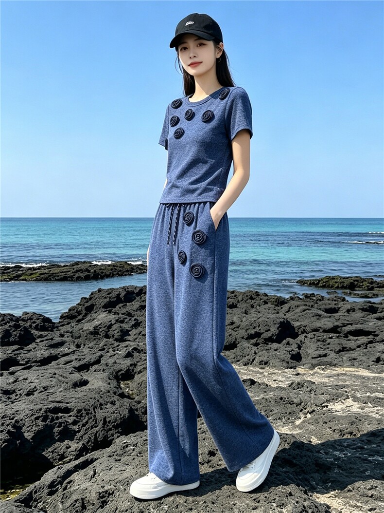 欧货时尚休闲运动套装夏季新款圆领立体花朵上衣直筒长裤两件套潮,女装套装/套裙,江南