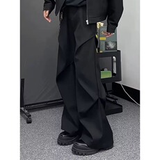 高街褶皱黑色弯刀哈伦休闲裤男装宽松工装直筒微喇拖地长裤高级感，男装工装外套，星座506A