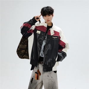 美式pu皮衣飞行员夹克男款拼接撞色痞帅机车骑行服外套W6780-P70图片