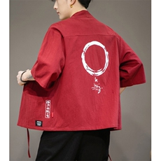 F868P45咖啡厅风潮流时尚大码七分袖休闲棉麻印花开衫汉服，男装T恤，电商A026