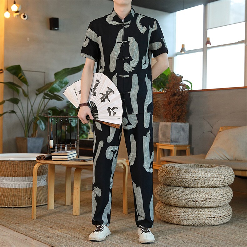 男士夏季风汉服棉麻透气舒适复古开衫唐装两件套HO6929-P65，男装民族服装，星座1105-3