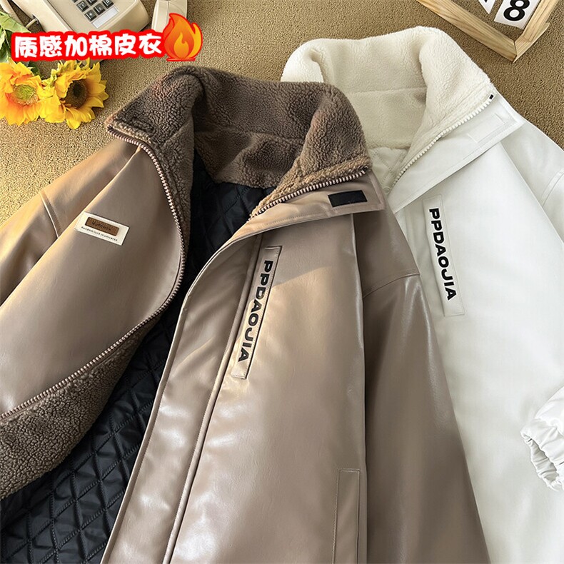 特批P100无差价大码贴标字母印花PU皮立领棉服男加厚皮衣外套M91图片