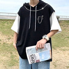 高街潮流大码宽松链条装饰T恤连帽撞色假两件短袖男T1070-P32，男装T恤，星座512-2