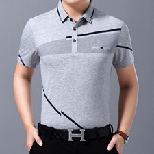 爸爸装短袖T恤男夏季中年人夏装半袖衬衫领中老年条纹上衣男装，男装T恤，电商B212（原钱塘6029）