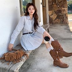 浅蓝色休闲条纹衬衫连衣裙女2025年夏季新款韩系设计感显瘦百褶裙，女装连衣裙，浙宝305