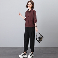 春秋新款时尚两件套装女休闲宽松衬衫领开衫哈伦裤中老年妈妈装潮，女装套装/套裙，璐依舞