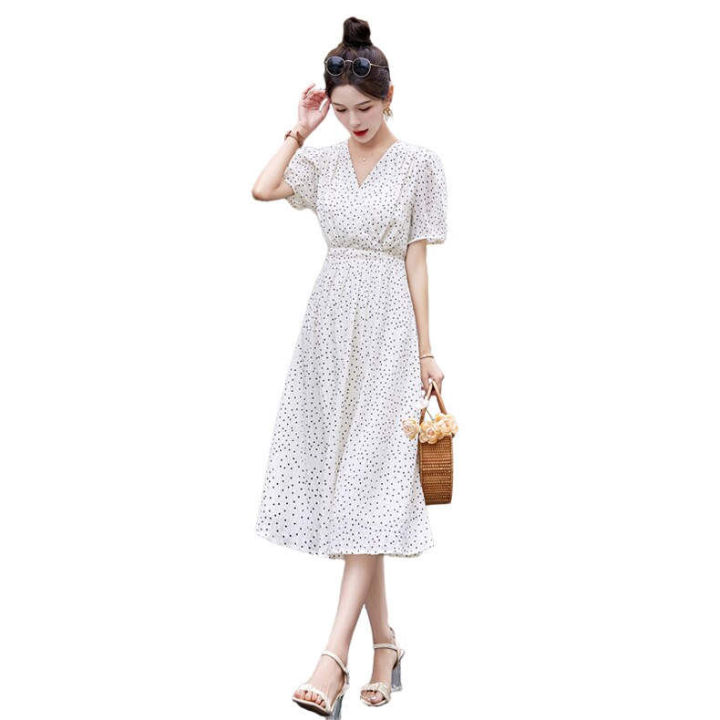 时尚波点连衣裙女中长款2025夏季新款v领收腰显瘦减龄休闲裙子潮,女装连衣裙,牡丹诺