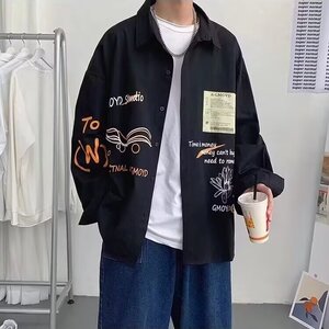 美式复古涂鸦设计感长袖衬衫男生秋季潮流休闲宽松青少年痞帅外套图片
