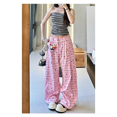 撞色格子弯刀休闲裤女夏季设计感宽松阔腿裤高腰垂感拖地裤，女装休闲裤，星座1210-1