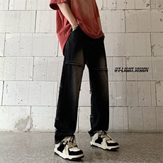 B221美式ins高街暗黑小众毛边印花直筒牛仔裤LK23108-P65控88，男装牛仔裤，电商B221
