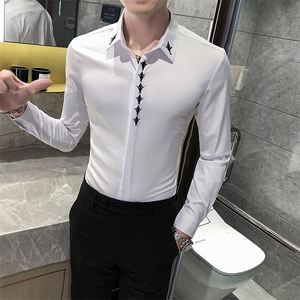20秋男衬衫英伦长袖上衣刺绣男装韩版修身四季纯色衬衣C325特P50图片