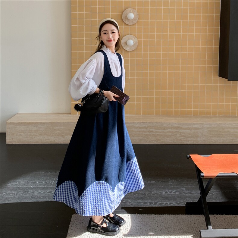 现货新款格子拼接牛仔学院风背带裙套装2C282-210P185K298,女装套装/套裙,2C282