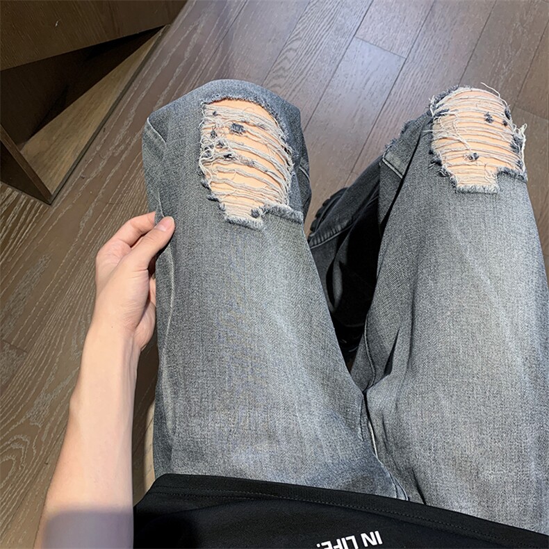 潮牌欧美街头破洞牛仔裤男hiphop裤子直筒阔腿裤乞丐裤N541-p45,男装牛仔裤,星座1001-1