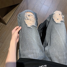 潮牌欧美街头破洞牛仔裤男hiphop裤子直筒阔腿裤乞丐裤N541-p45，男装牛仔裤，星座1001-1
