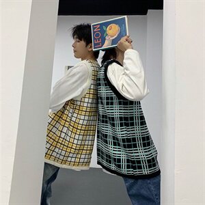 韩版毛背心男宽松个性格子潮流复古马甲毛衣 T016图片