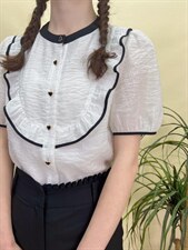 现货夏季新款小衫荷叶边宽松版衬衫，女装衬衫，蘑小菇