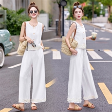 时尚套装女2025夏季新款亚麻洋气蕾丝拼接马甲高腰阔腿裤两件套潮，女装套装/套裙，瑶迪依秀