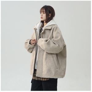 冬季加棉加厚阿尔巴卡呢子带帽宽松中性港风男女外套M897-P138图片