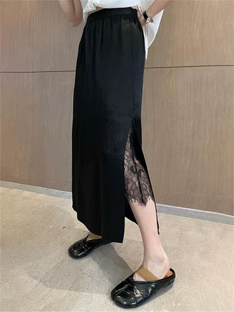 2025新款醋酸拼蕾丝半裙,女装半身裙,东正羊绒