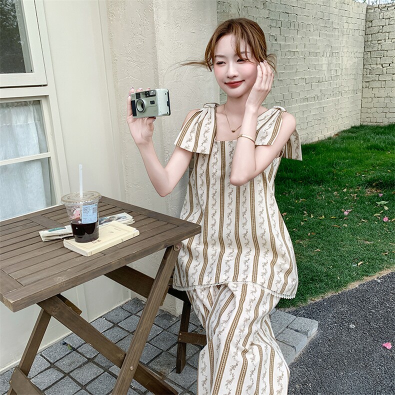 (新款现货）花色条纹度假风蝴蝶结阔腿裤套装F622-P145-K228图片