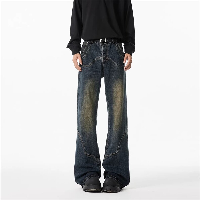 美式复古水洗解构牛仔裤男秋冬设计感宽松直筒裤弯刀微喇休闲长裤，男装牛仔裤，星座813-2