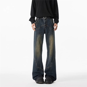 美式复古水洗解构牛仔裤男秋冬设计感宽松直筒裤弯刀微喇休闲长裤，男装牛仔裤，星座813-2