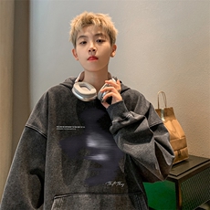 得物抖音高品质二开360克重磅做旧炒雪花纯色连帽水洗卫衣16019，男装卫衣，电商A486